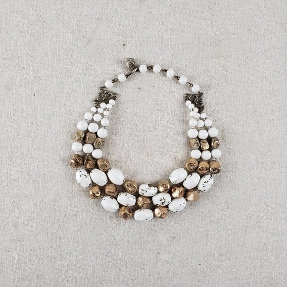 Vintage 1960s 3-Strand Beaded Choker Necklace White Gold Twee Granny - Picture 2 of 4